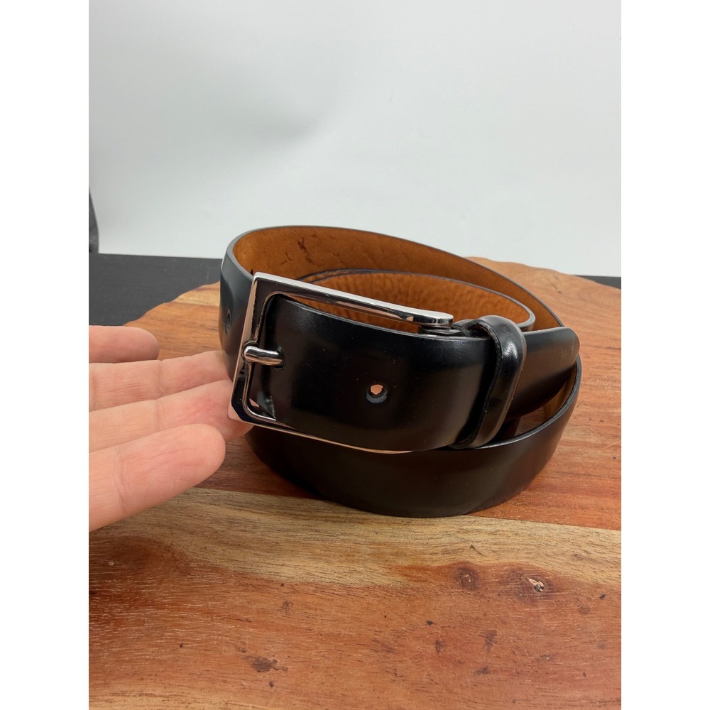 Cole Haan A34703 Leather Belt Men 38 Black Silver Buckle Classic Dress